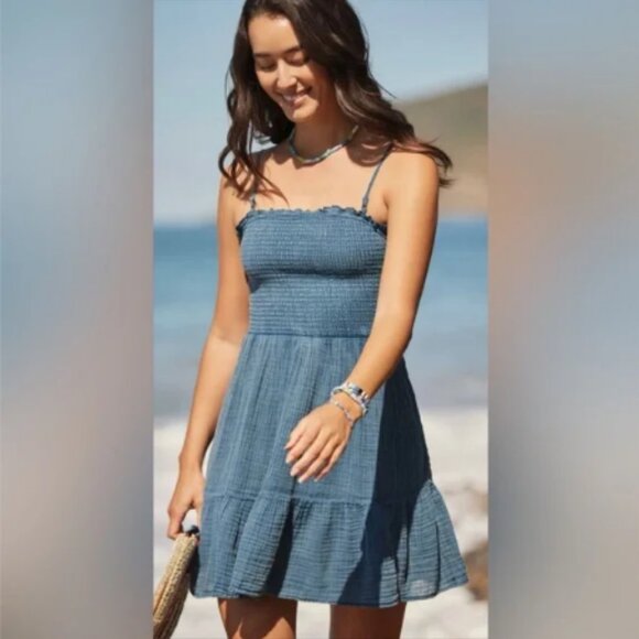 ANTHROPOLOGIE Marisol Deep Sea Blue Smocked Mini Dress $78 XL - Picture 1 of 7